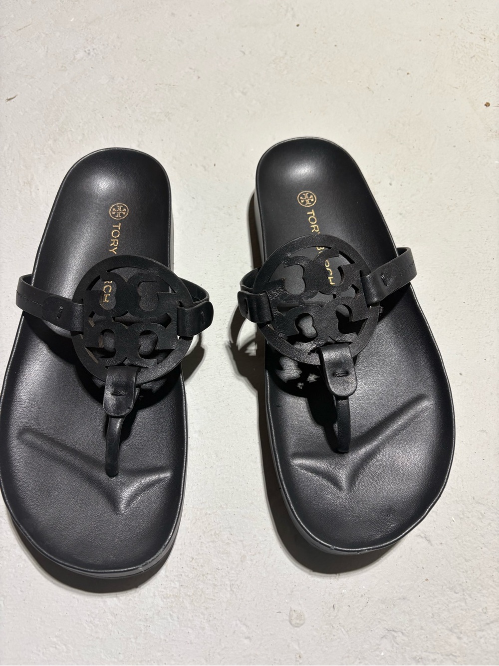 Tory Burch Black Leather Logo Thong Sandals